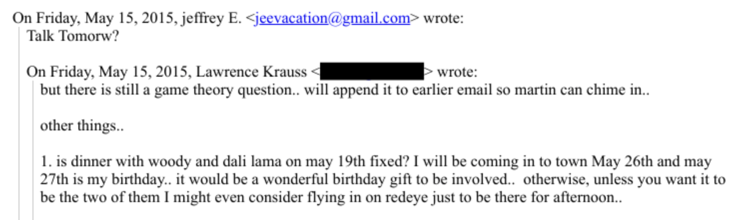 Epstein appeared to have suggested a date to get dinner with the Dalai Lama in May 2015
