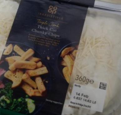 Co-op is recalling Co-op Irresistible Triple Cook Thick Cut Chunky Chips because they contain milk which is not mentioned on the label. The product has been incorrectly packed with Dauphinoise potatoes.