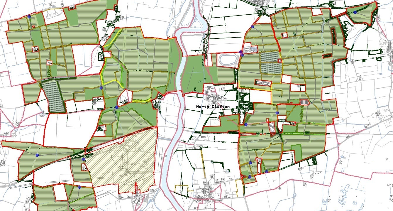 Masterplan shows how the boundary of the solar farm will almost surround North Clifton. Although fields to the north and south of the village (filed in a darker shade of green) will be kept free of solar panels