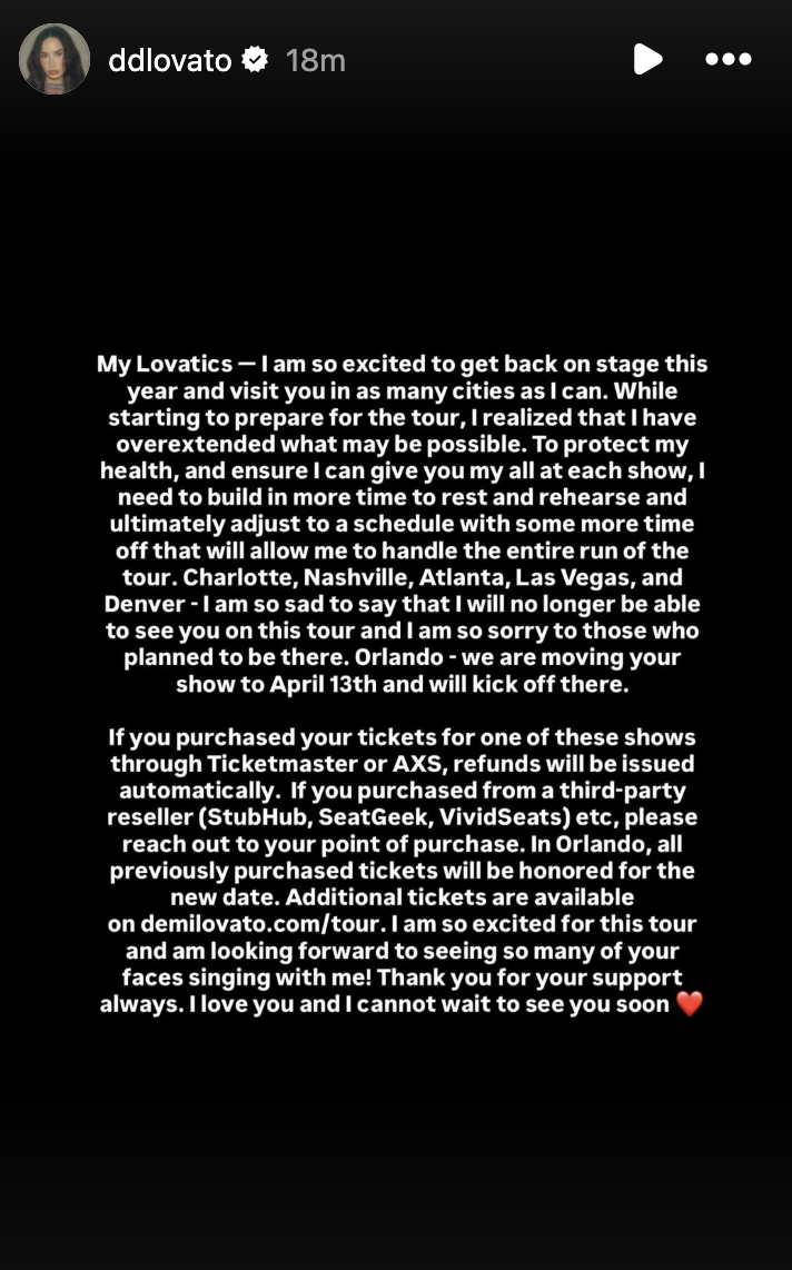 Demi Lovato cancels five of her shows on her 'It's Not That Deep' Tour