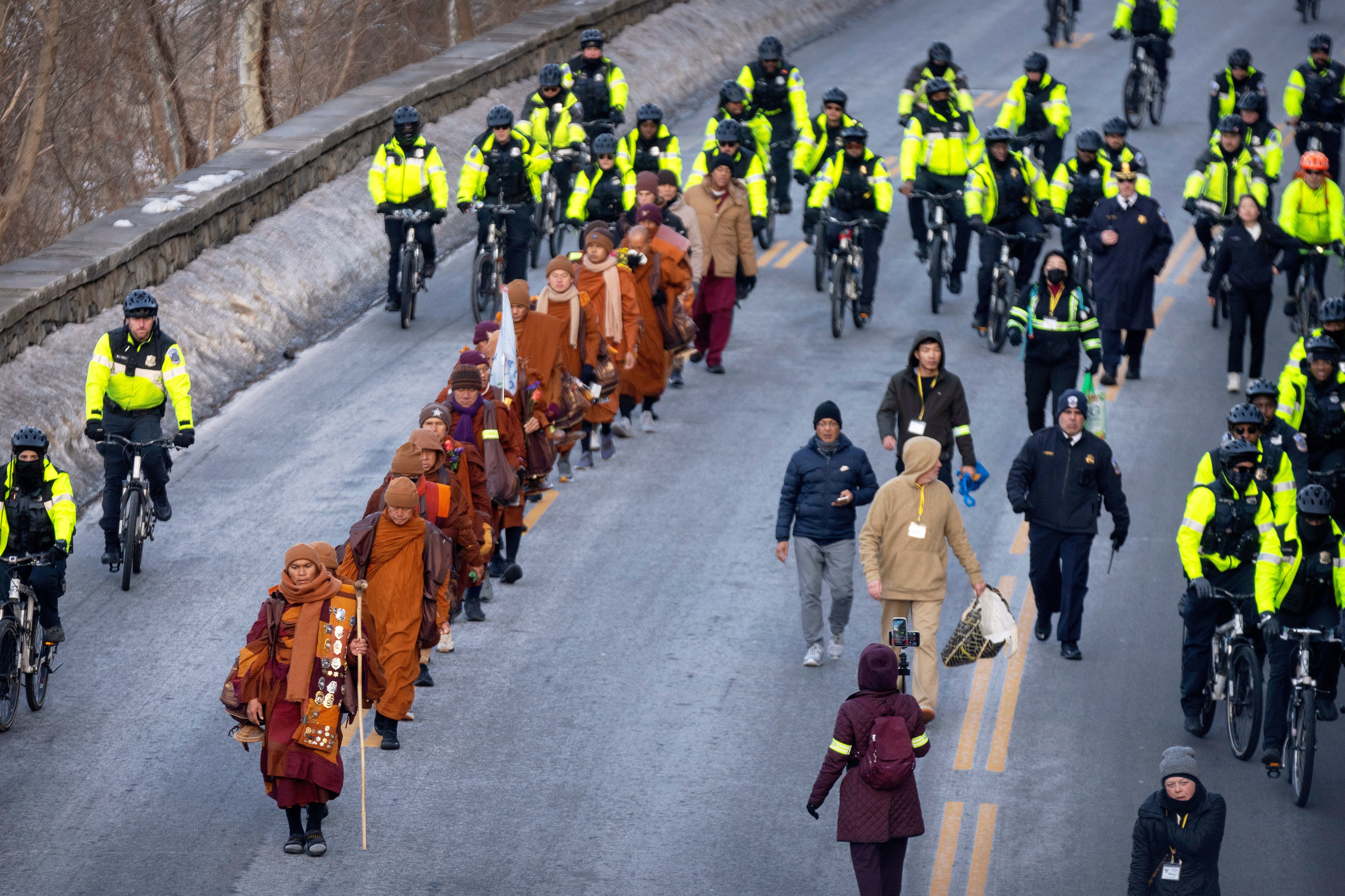 Nineteen monks began the 2,300-mile (3,700-kilometer) journey from the Huong Dao Vipassana Bhavana Center in Fort Worth on Oct. 26, 2025