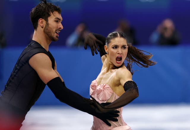 <p>Laurence Fournier Beaudry and Guillaume Cizeron of France perform during the rhythm dance at the Milano Cortina Olympics</p>