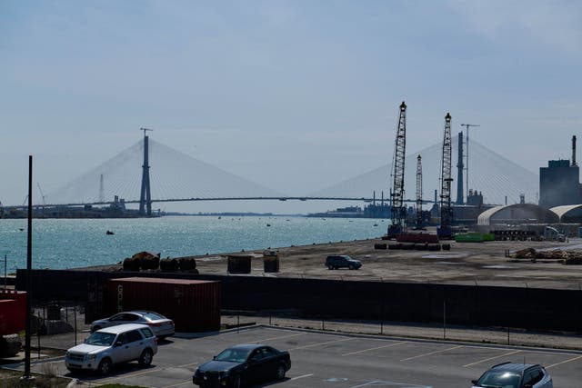 <p>Spanning the Detroit River, the Gordie Howe International Bridge will connect southern Detroit, Michigan, USA and Windsor, Ontario, Canada when completed in 2025. Detroit, Michigan, on Thursday, April 17, 2025.   </p>