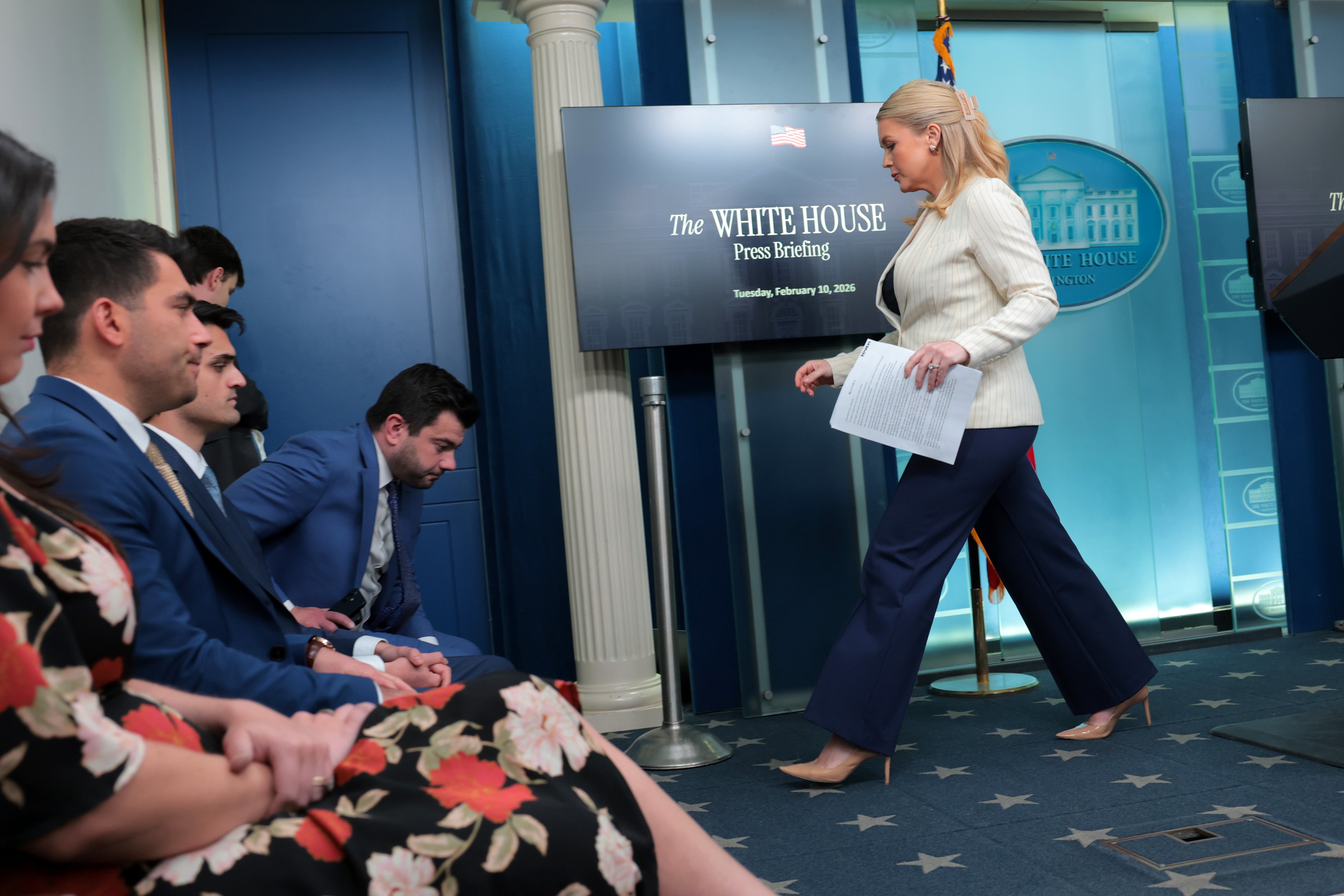 <p>White House Press Secretary Karoline Leavitt leaves following a news briefing in the James S. Brady Press Briefing Room of the White House on February 10, 2026 in Washington, DC</p>