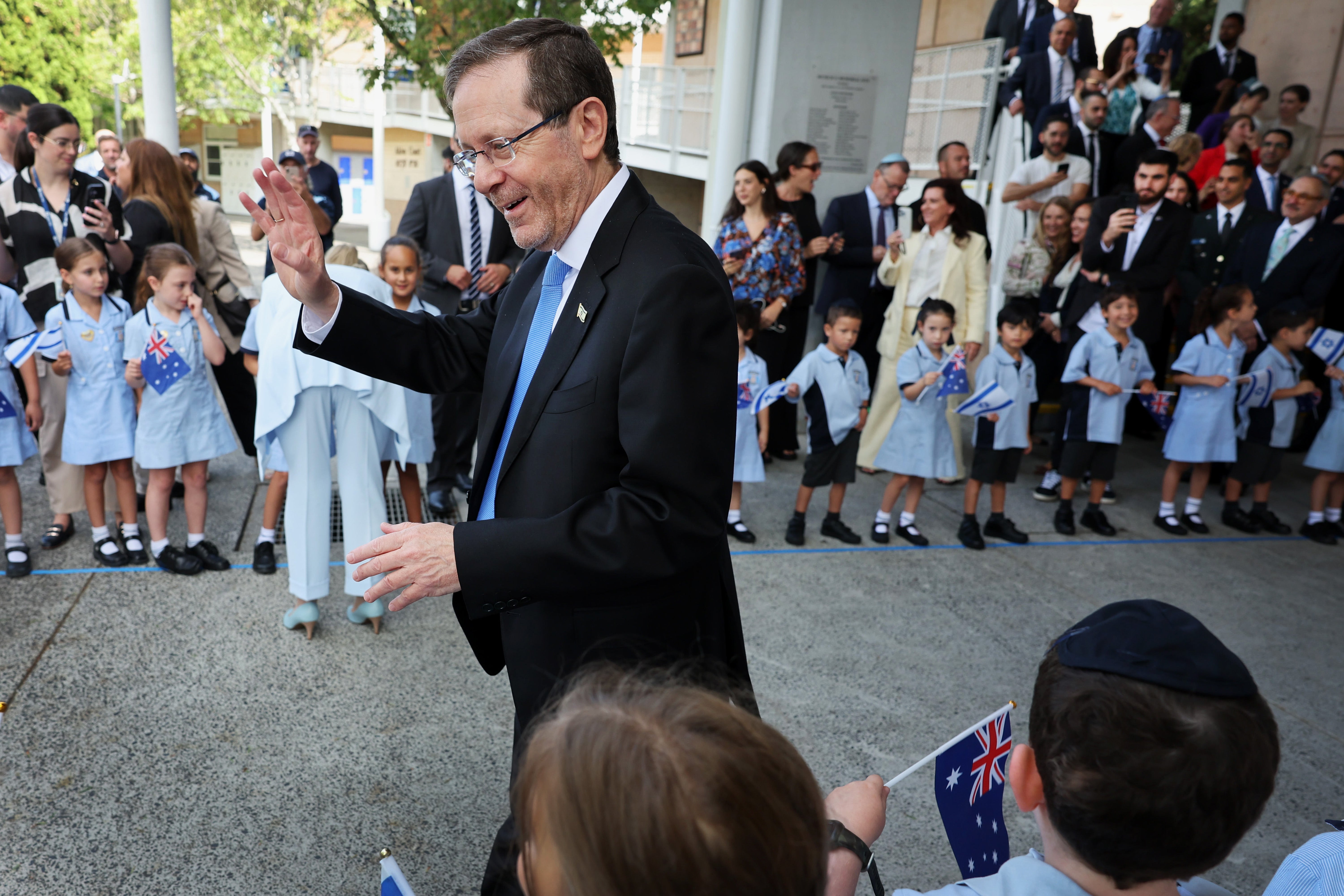 Israeli president Isaac Herzog meets with students and staff during a visit to Moriah War Memorial College on 10 February 2026 in Sydney, Australia