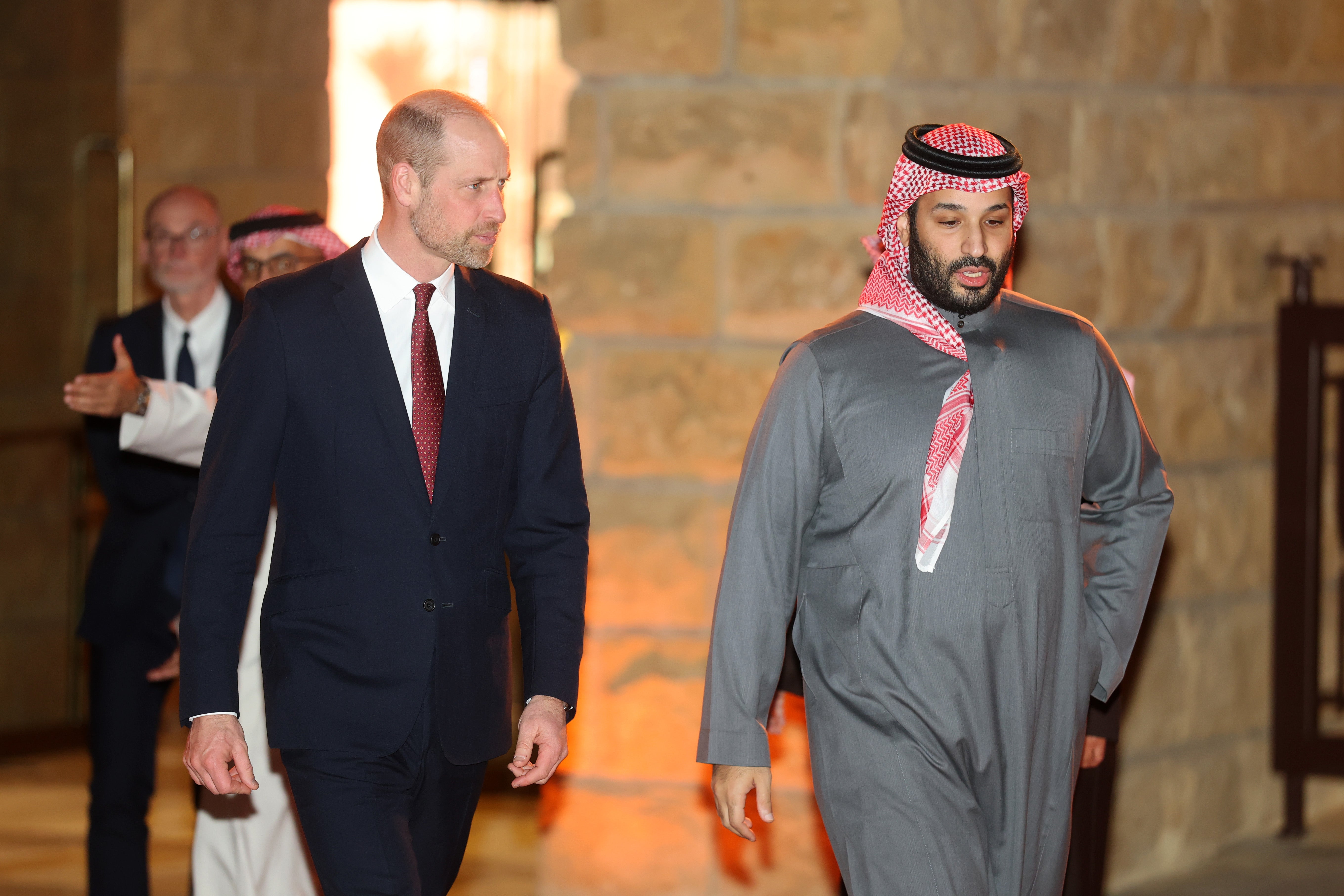 Prince William, Prince of Wales during a tour with Crown Prince of Saudi Arabia, Mohammed bin Salman Al Saud on day one of his first official visit to Saudi Arabia at UNESCO World Heritage site At-Turaif