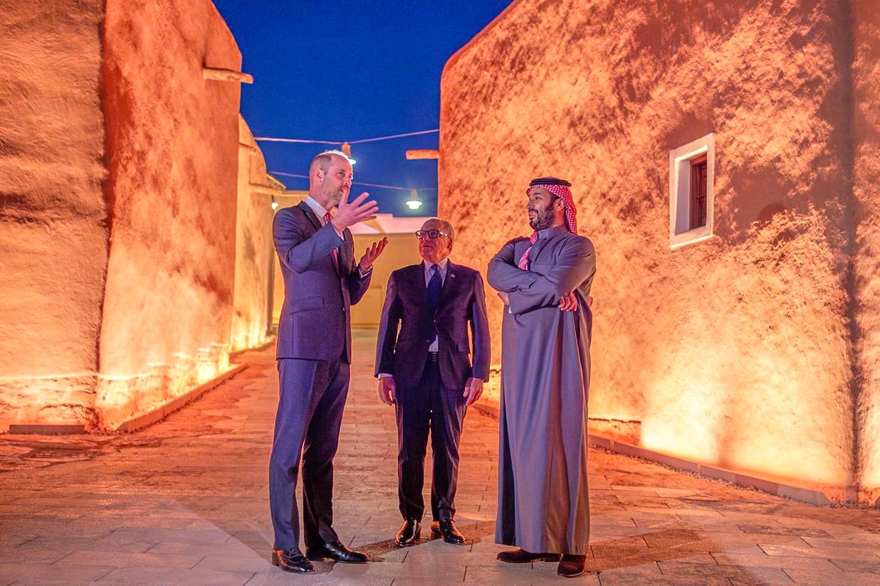 Prince William of Wales, speaks to Saudi Crown Prince Mohammed bin Salman, during his visit to UNESCO World Heritage Site, At-Turaif in Riyadh, Saudi Arabia
