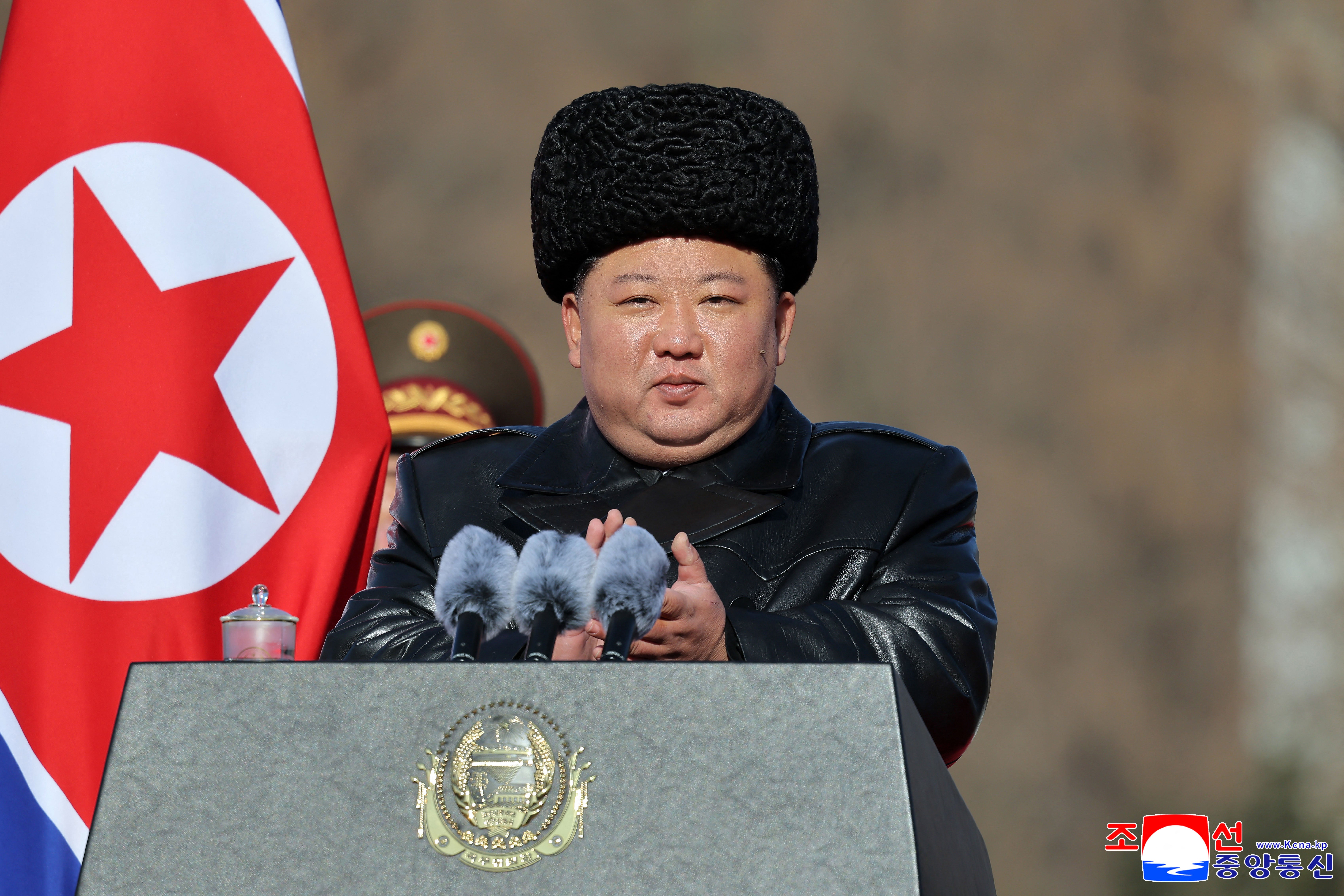 <p>This picture, taken on 8 February 2026 and released by North Korea’s official Korean Central News Agency (KCNA) shows North Korean leader Kim Jong Un delivering a speech at the Ministry of National Defence on the occasion of the 78th anniversary of the founding of the Korean People’s Army in Pyongyang</p>