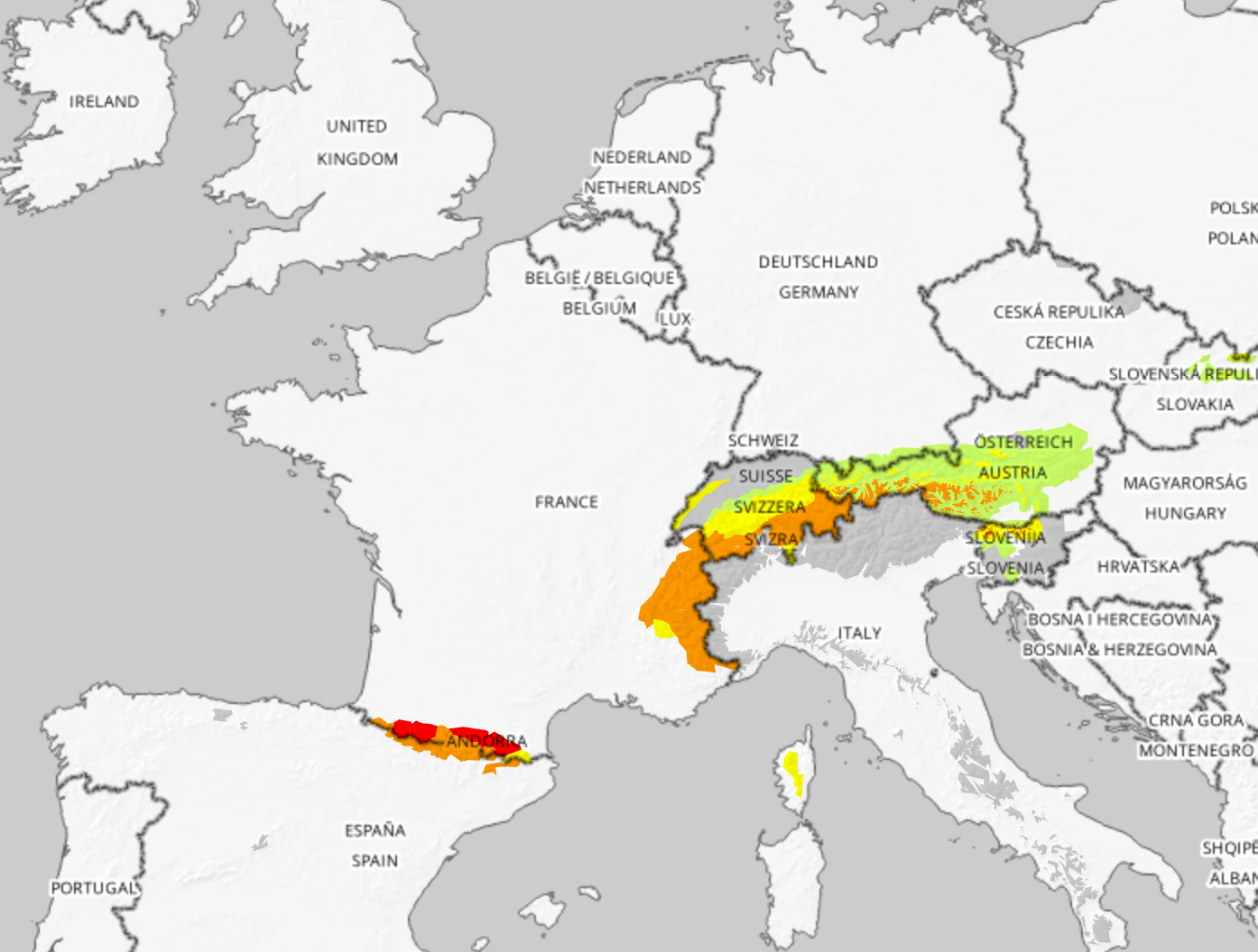 The Alps are at heightened risk of avalanche, according to the European Avalanche Warning Services' forecast