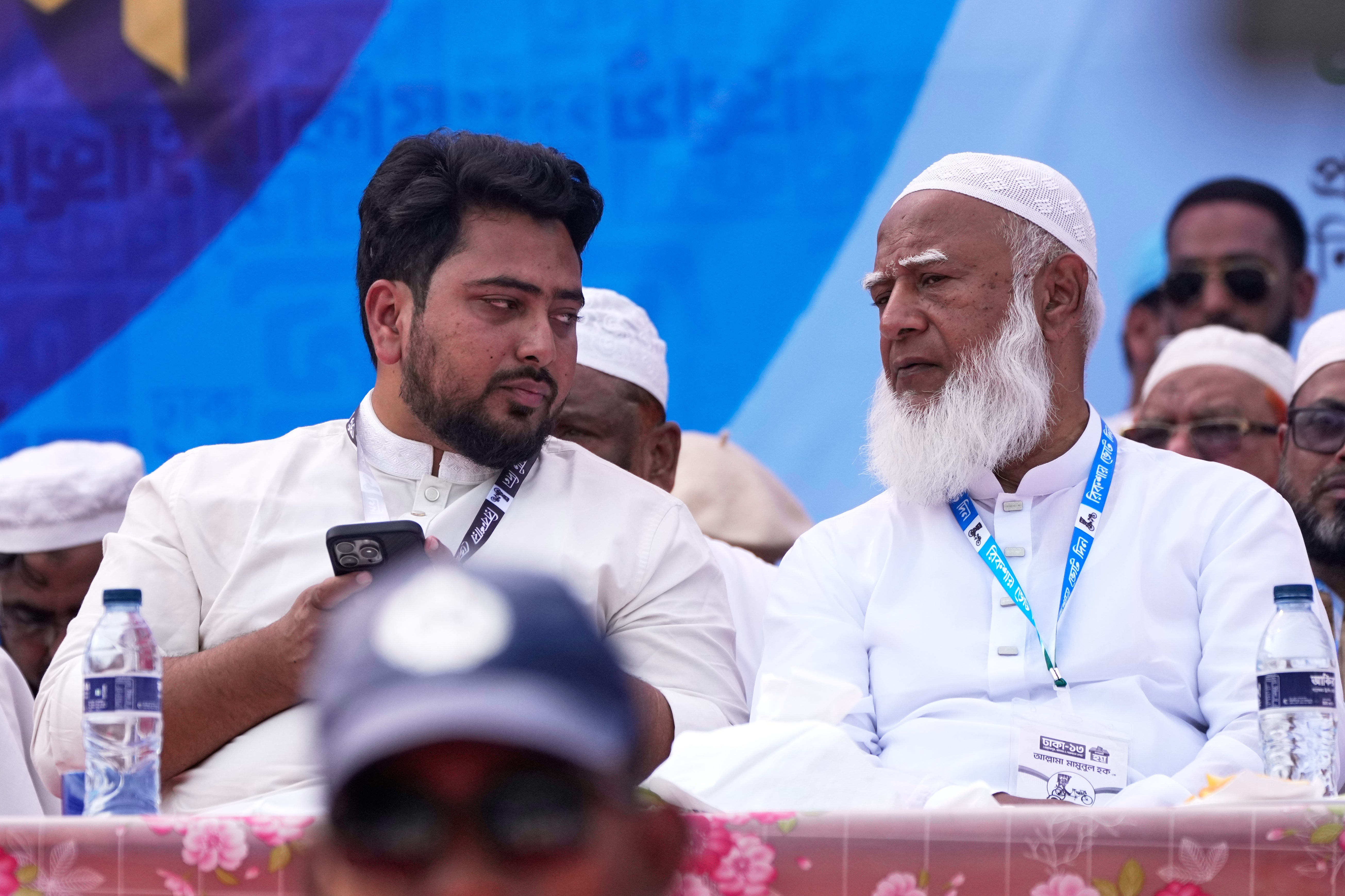 National Citizen Party (NCP) convener Nahid Islam, left, talks to Jamaat-e-Islami leader Shafiqur Rahman during an election rally in Dhaka, Bangladesh, on 9 Feb 2026