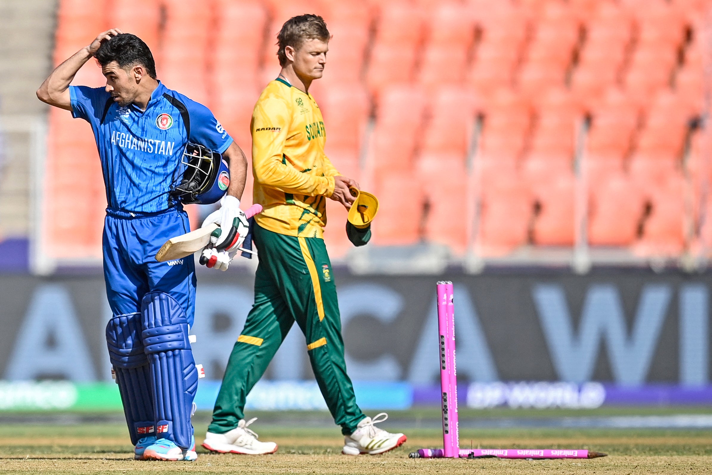 <p>Afghanistan's Rahmanullah Gurbaz (L) reacts after his team's loss against South Africa at the end of their 2026 ICC Men's T20 Cricket World Cup group stage</p>