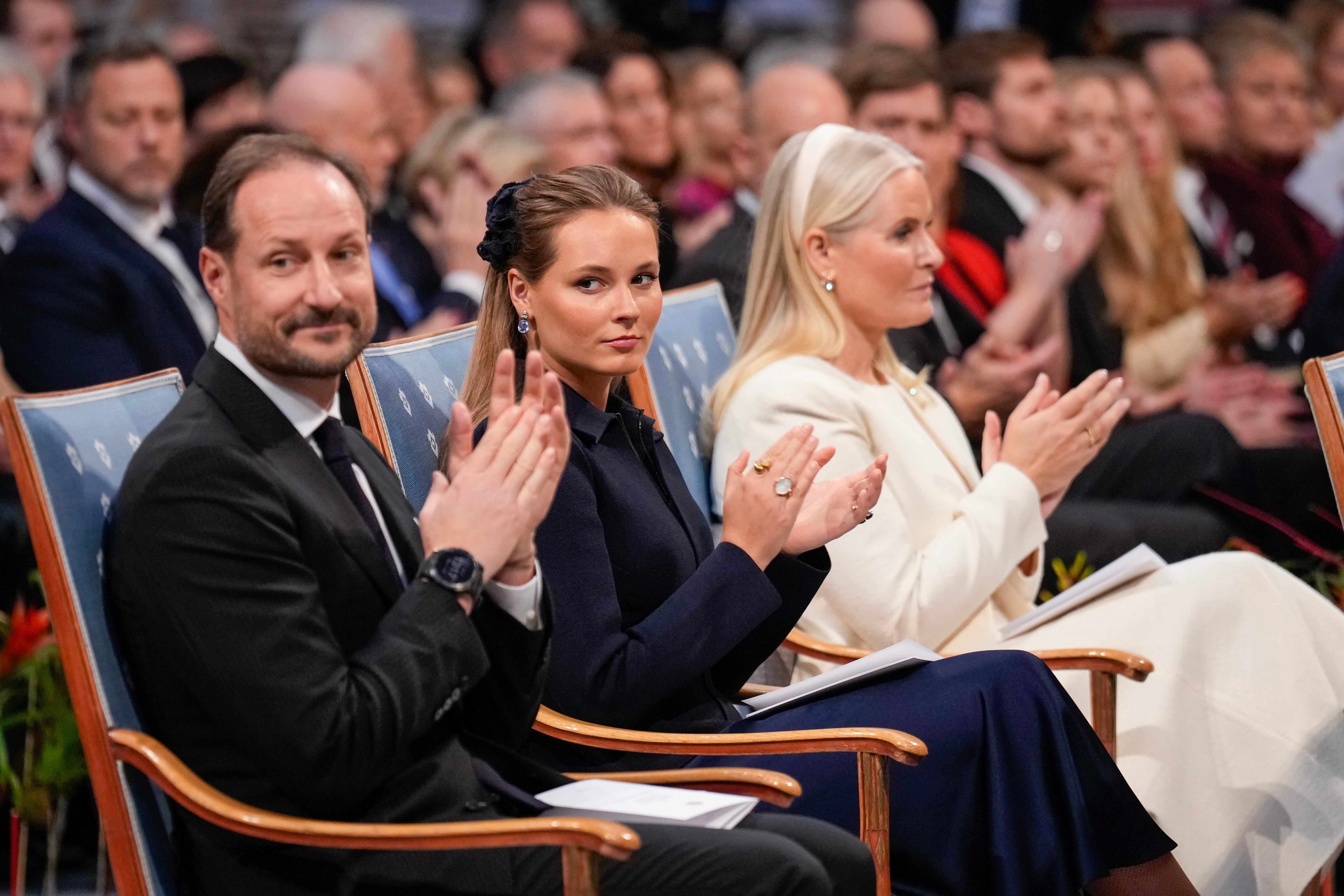 Norway's Crown Prince Haakon, Crown Princess Mette-Marit and Princess Ingrid Alexandra applaud during the Nobel Peace Prize award ceremony, in Oslo, Norway, Dec. 10, 2025. (Ole Berg-Rusten/NTB Scanpix, Pool via AP), File)
