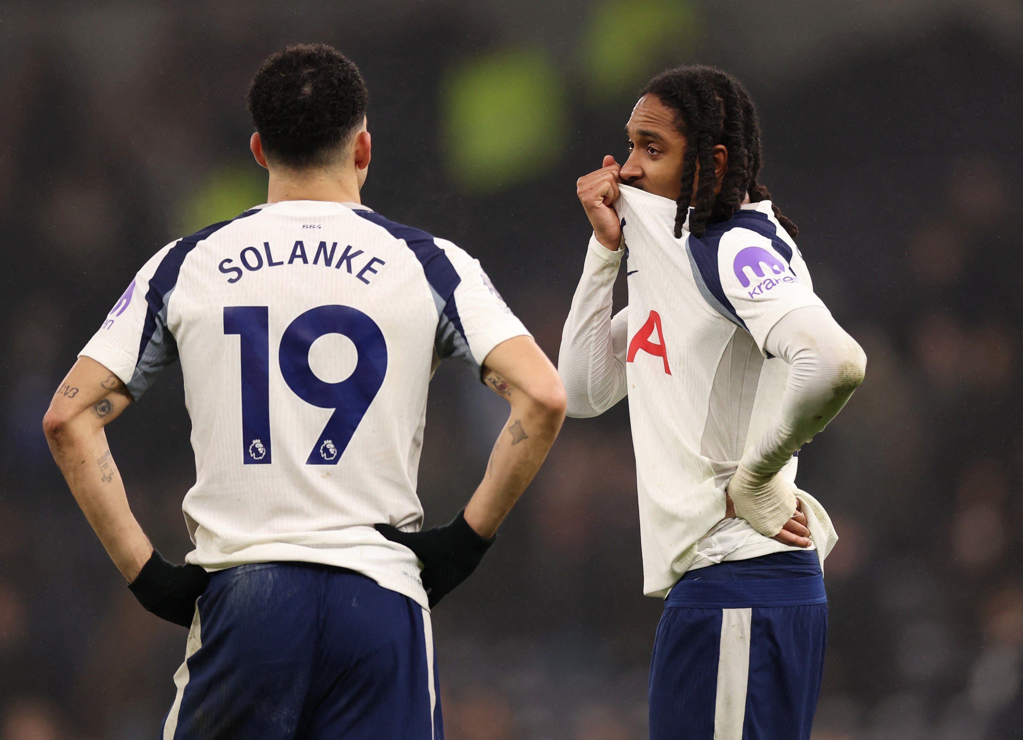Tottenham Hotspur's Djed Spence and Dominic Solanke look dejected after defeat to Newcastle