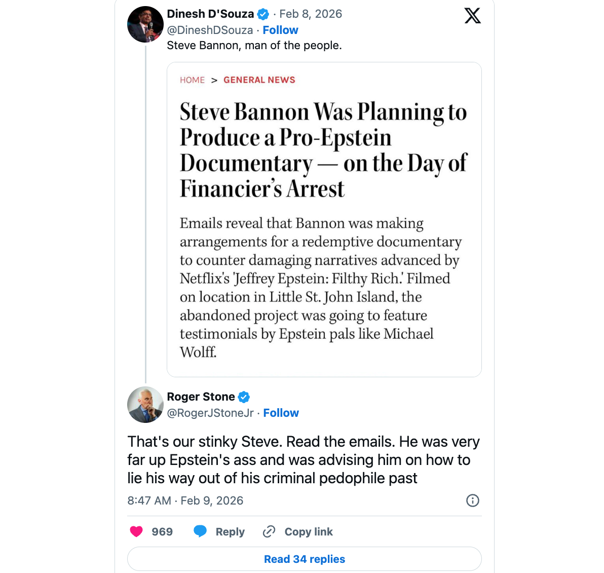 Republican political operative comments on MAGA podcaster and former Donald Trump adviser Steve Bannon's alleged involvement with Jeffrey Epstein on X