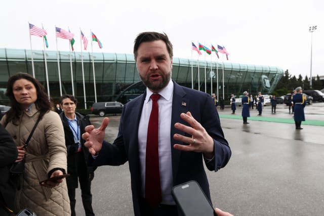 <p>U.S. Vice President JD Vance talks to the media before boarding Air Force Two for a return to Washington, DC on February 11</p>
