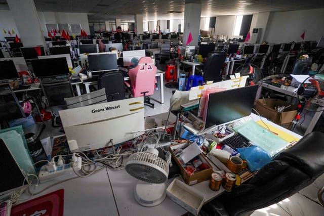 <p>Computers inside a scam compound known as "My Casino" used for fraud operations, which police said was owned by former tycoon and casino owner Ly Kuong, who was arrested on January 15 and charged with illegal recruitment for exploitation, aggravated fraud and links to organised crime</p>