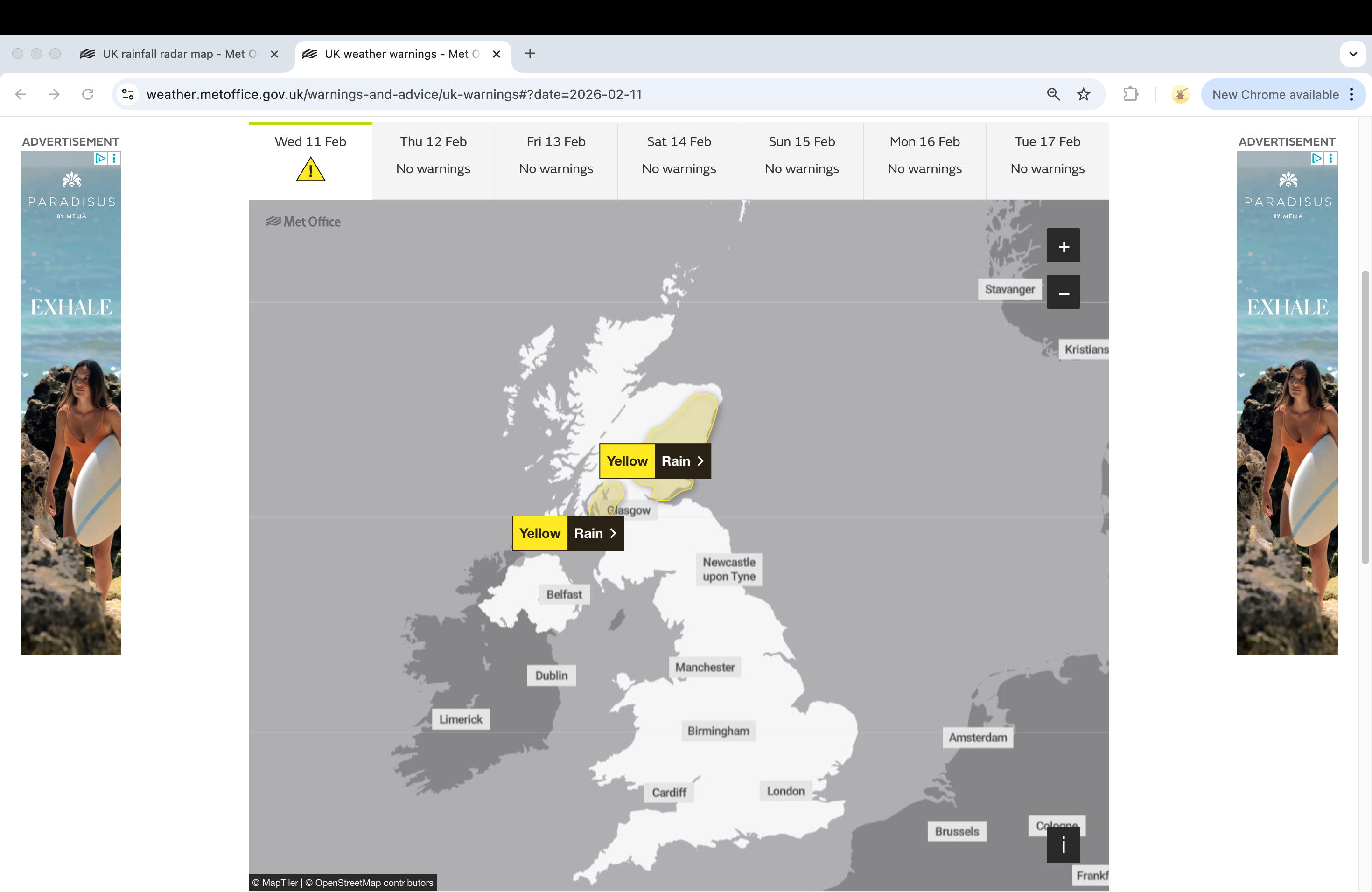 A yellow weather warning of rain across western Scotland and in the east from Aberdeenshire down to Fife, which is in force until midnight on Wednesday