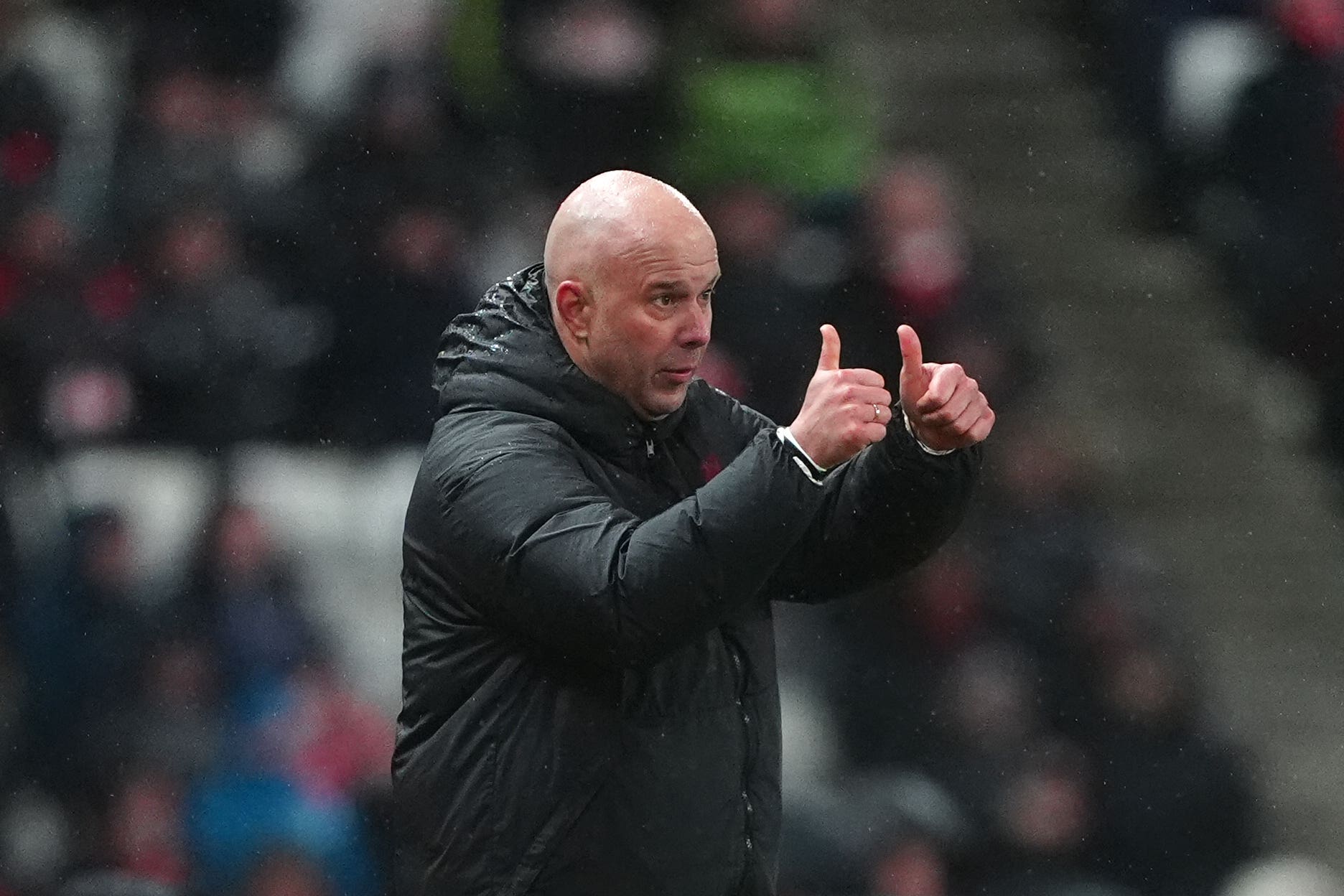 Arne Slot reacts on the touchline (Owen Humphreys/PA)