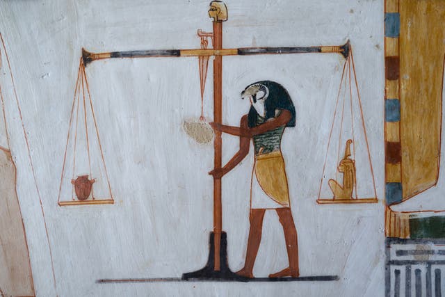 <p>The Ancient Egyptian god Horus weighs a heart against Maat in final judgement.</p>