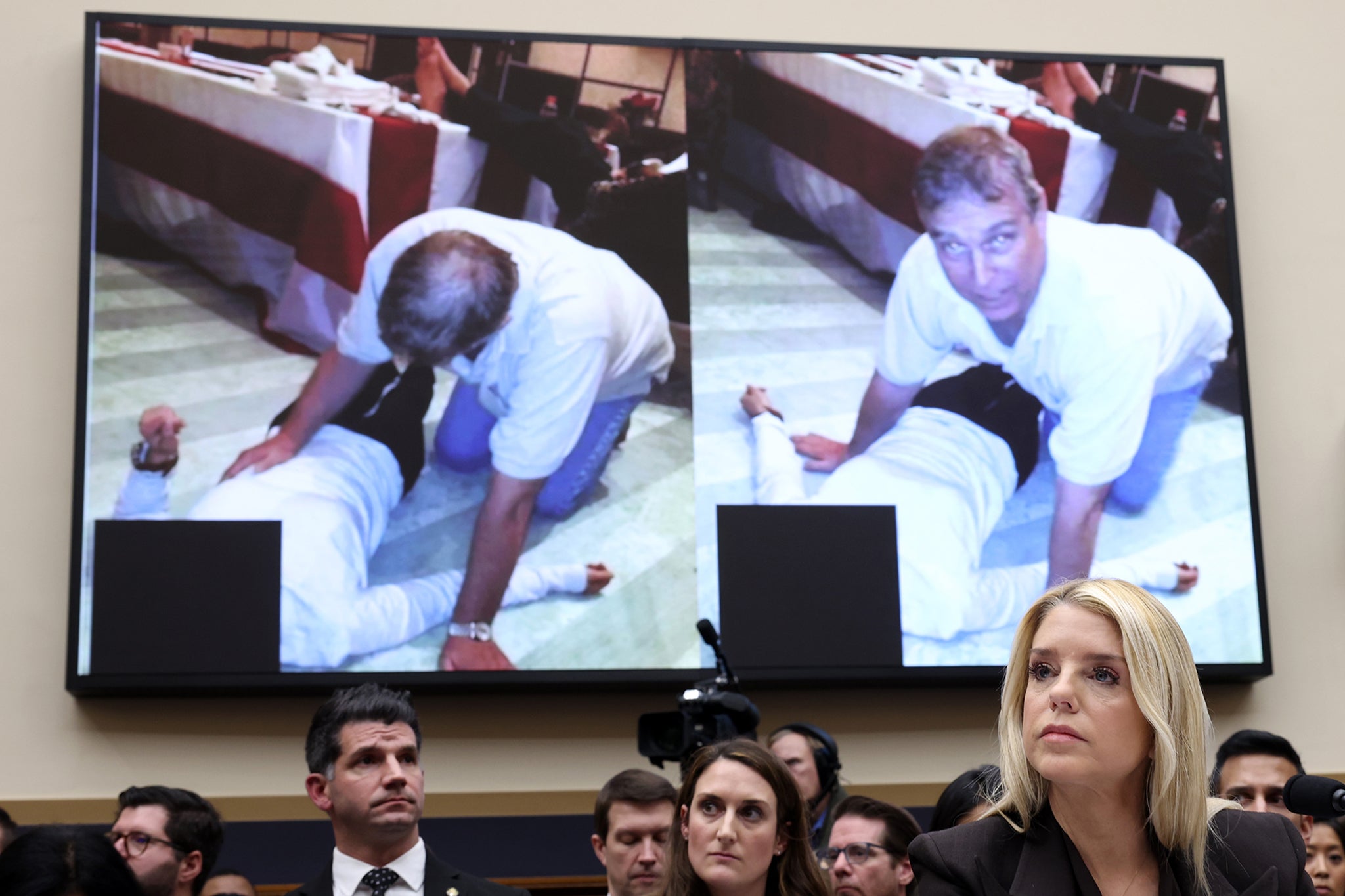 Photos of Andrew Mountbatten Windsor were displayed as U.S. Attorney General Pam Bondi testified before the House Judiciary Committee on Feb. 11 as she came under scrutiny for the DOJ response to the Epstein investigation.
