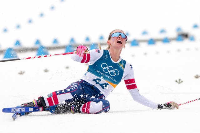 <p>Diggins, racing in her final season, collapsed to the ground, shouting out in pain after finishing the freestyle race</p>