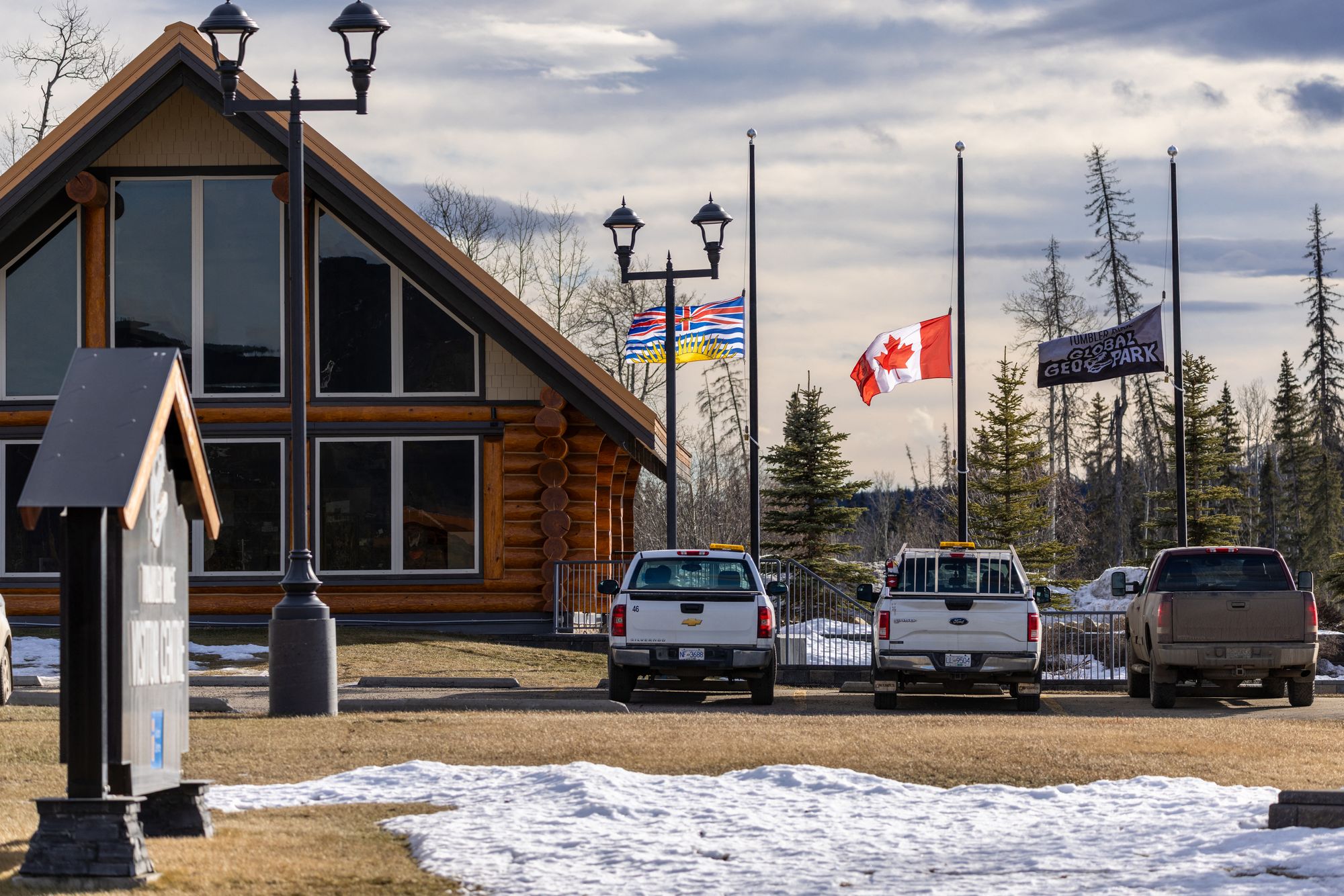 View of the Visitor Center in Tumbler Ridge as the community mourns the loss of six children and two adults