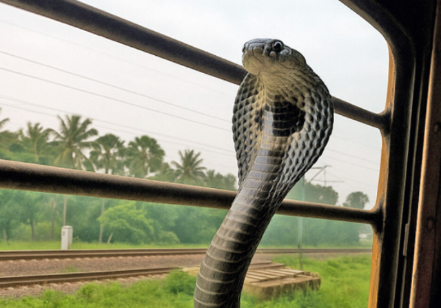 <p>Cobra on a windowsill in the moving Lokshakti Express train near Valsad, Gujarat State</p>