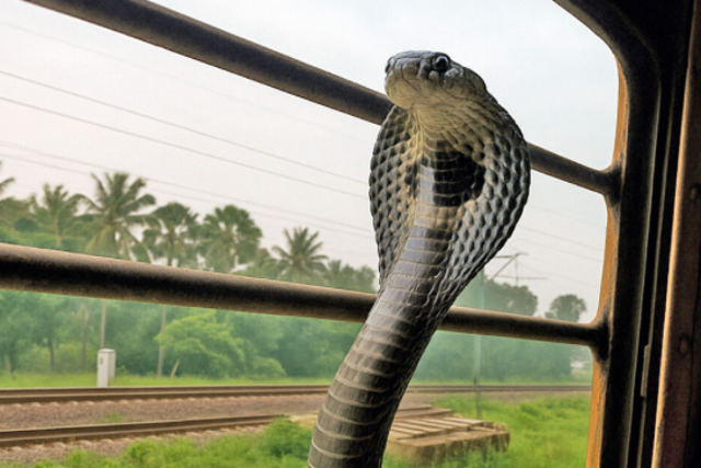 <p>Cobra en el alféizar de una ventana del tren Lokshakti Express, en movimiento, cerca de Valsad, estado de Gujarat, India</p>