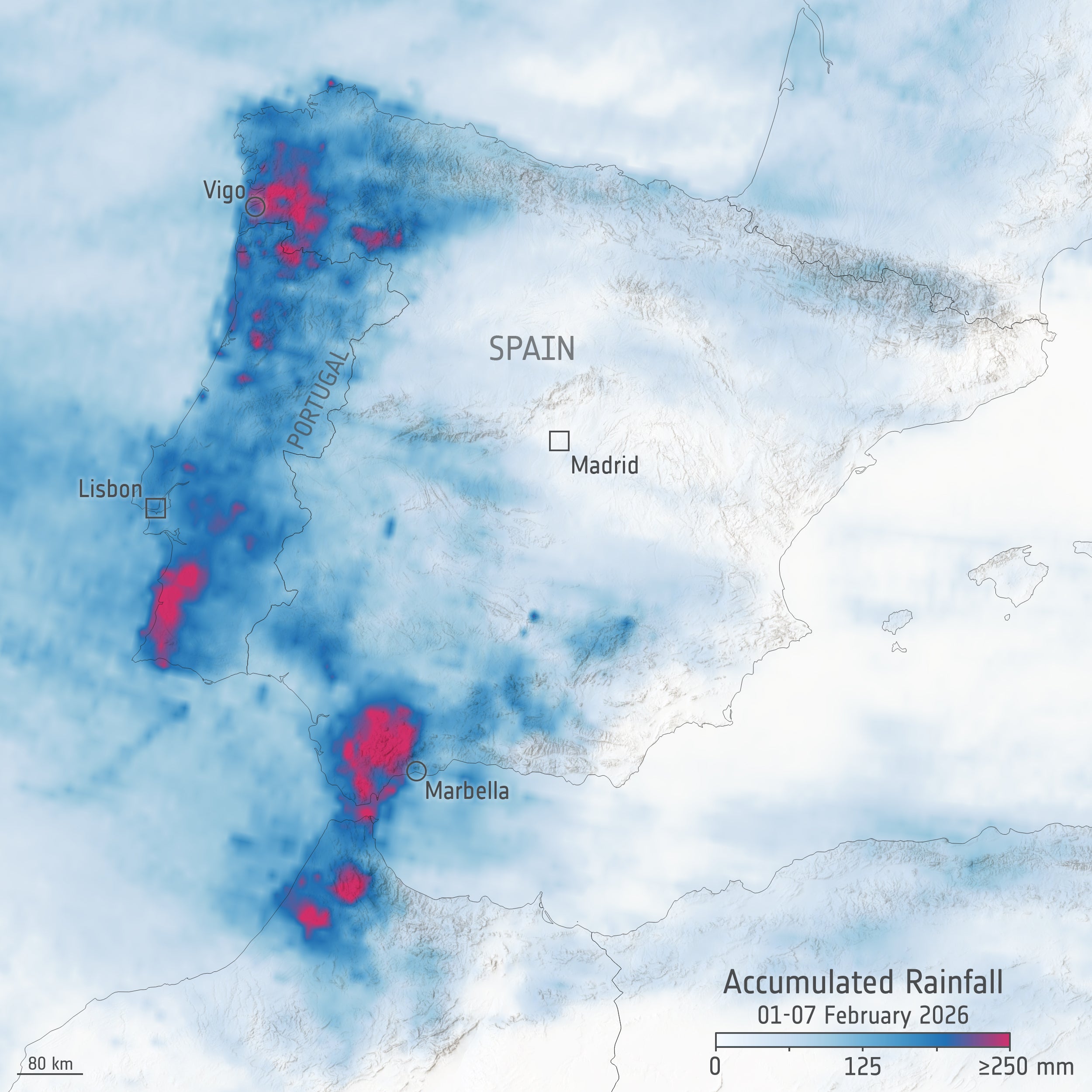 Map shows accumulated rainfall in Iberian peninsula between 1-7 February