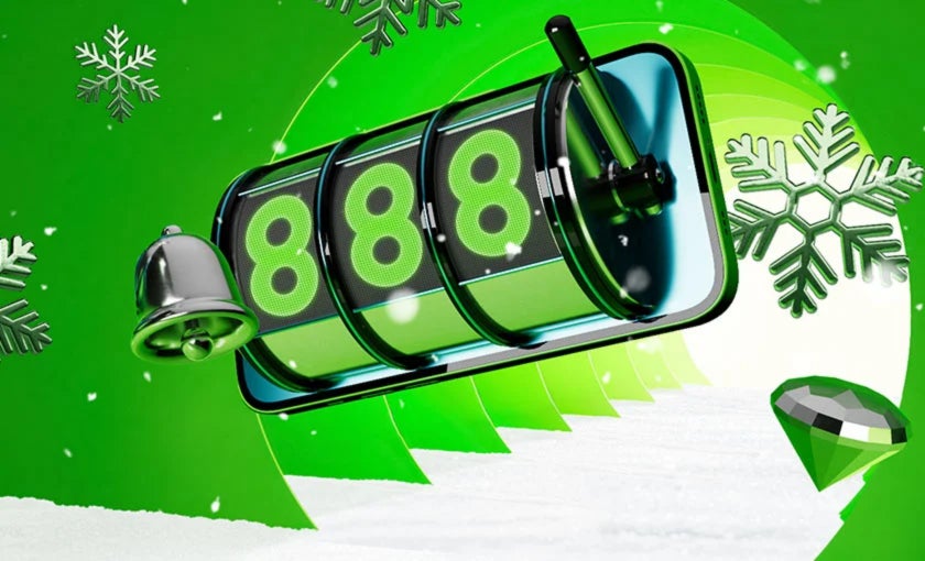 Interfaz promocional mostrando una rueda de free spins y slots populares en 888casino