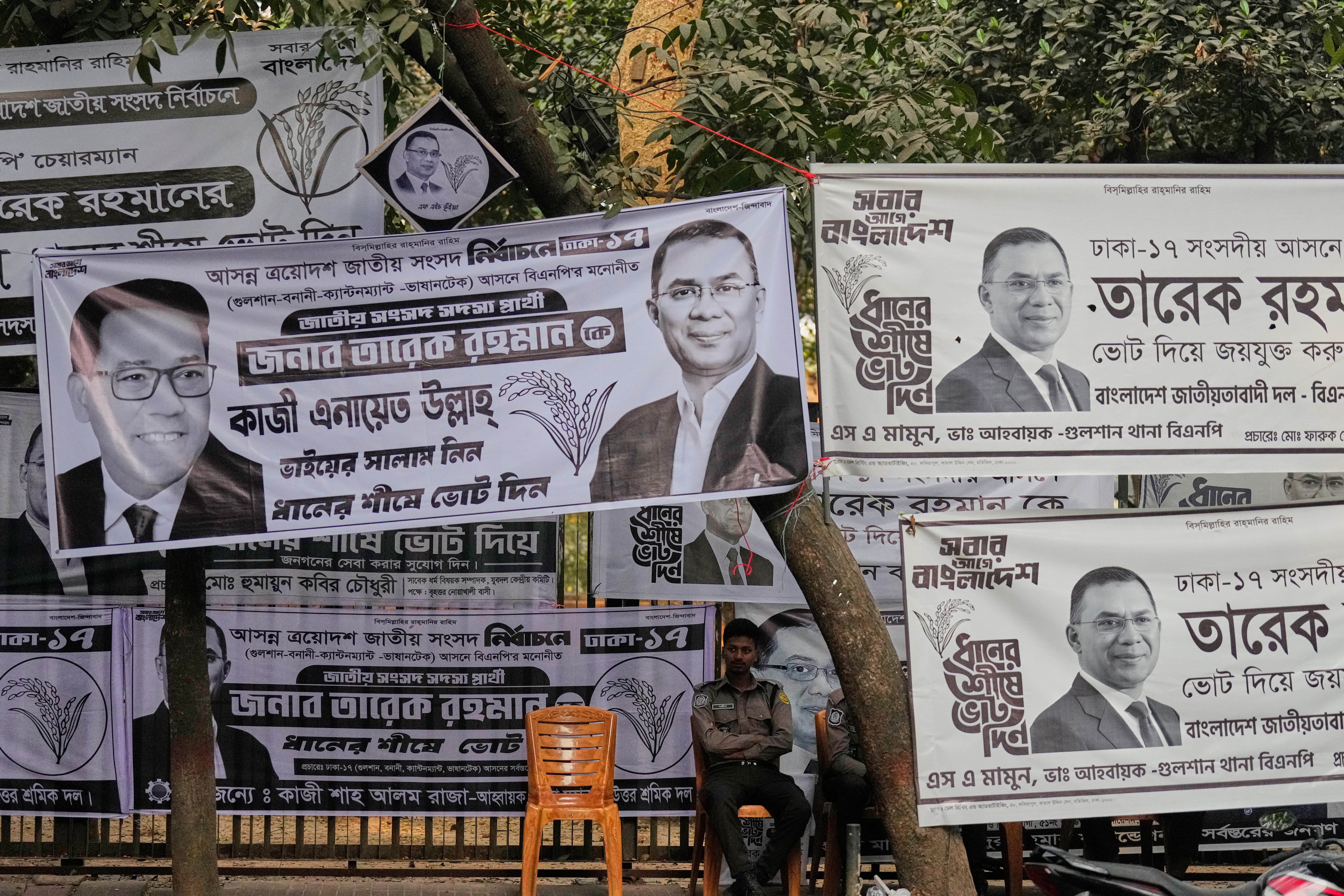 Security personnel guard near the chairman office of the Bangladesh Nationalist Party (BNP) before the national parliamentary election result is announced in Dhaka, Bangladesh, Thursday, 12 Feb 2026