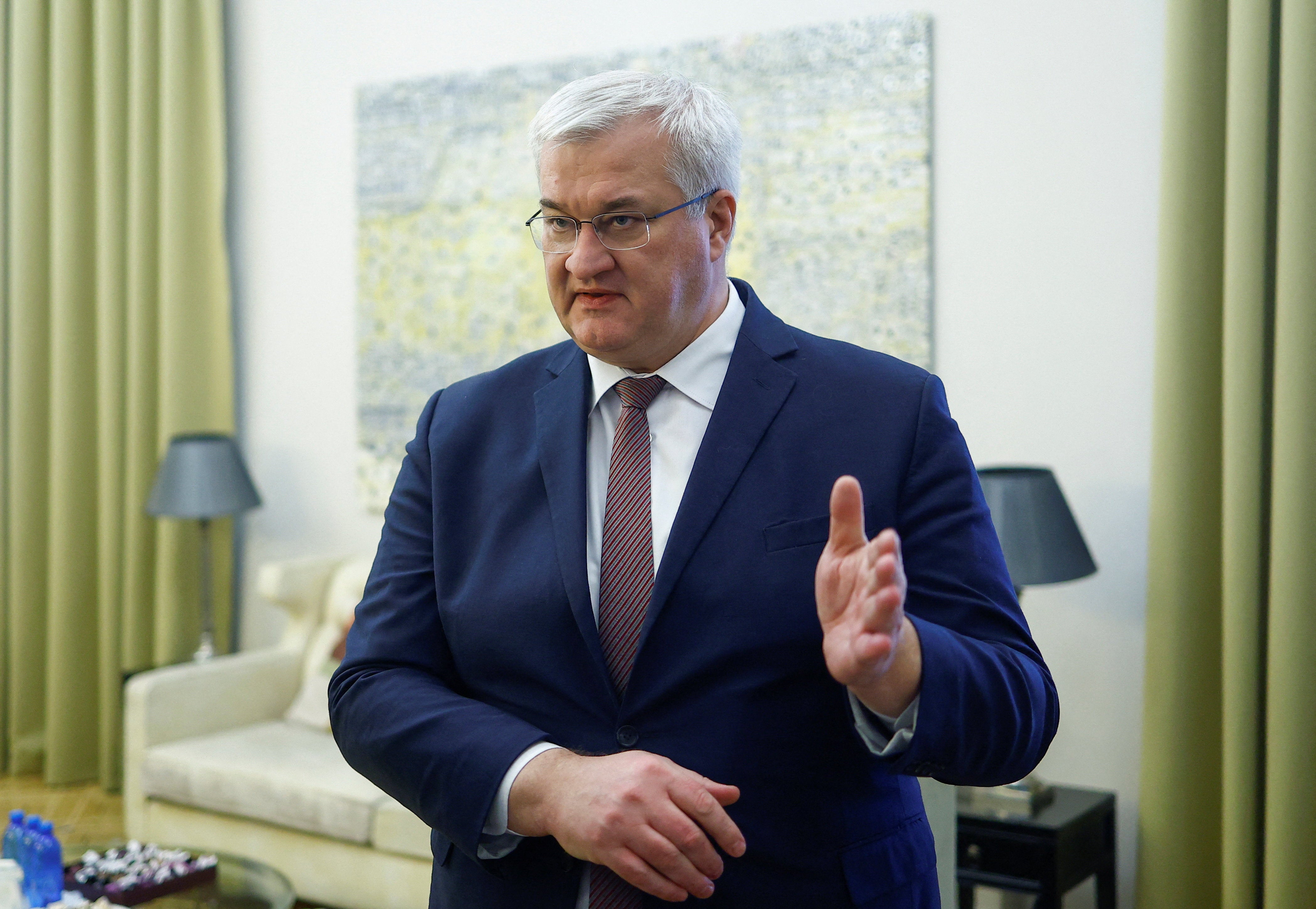 Ukraine's Foreign Minister Andrii Sybiha speaks during an interview with Reuters