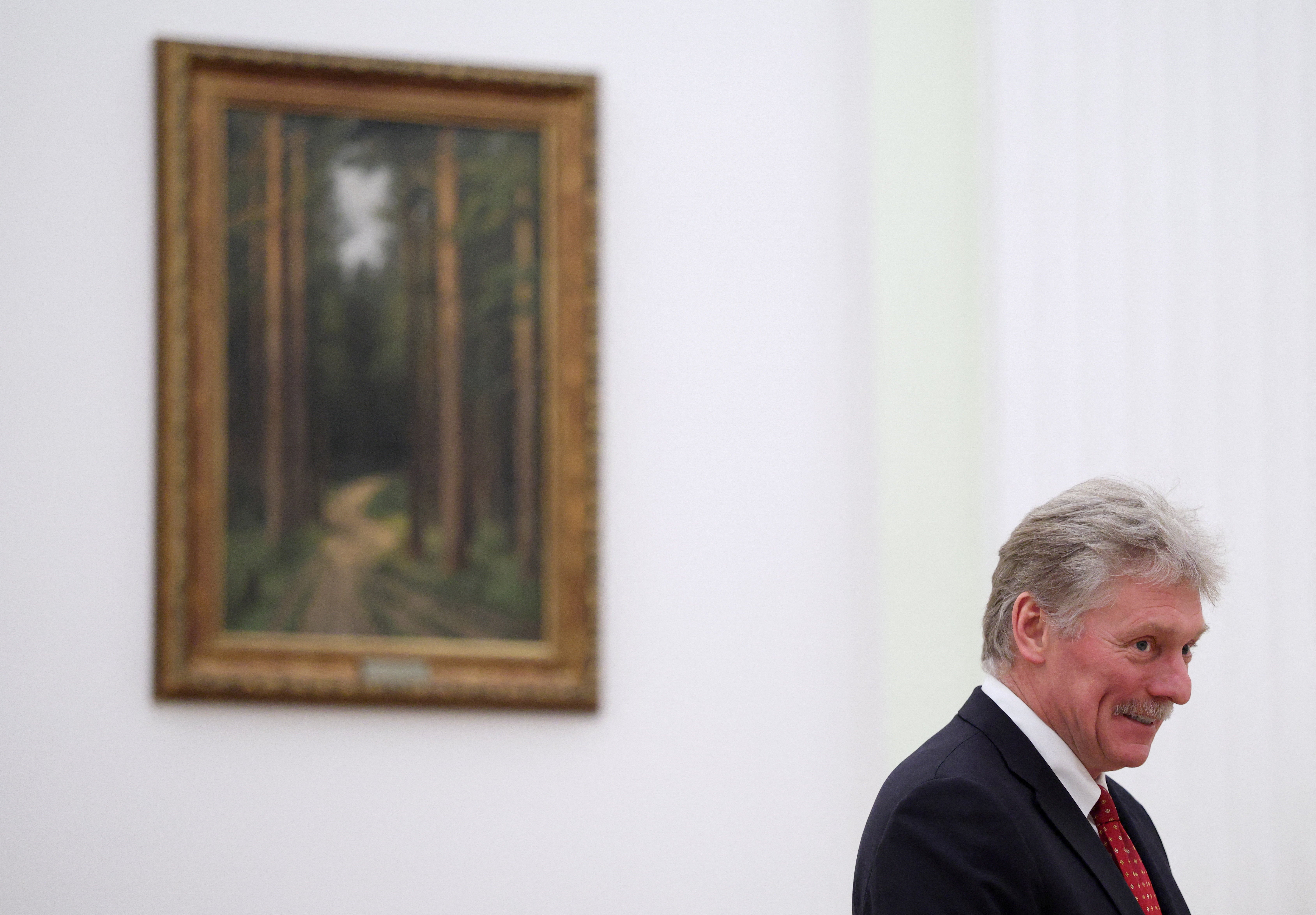 Kremlin spokesman Dmitry Peskov attends a meeting of Russian President Vladimir Putin with Palestinian President Mahmoud Abbas at the Kremlin in Moscow