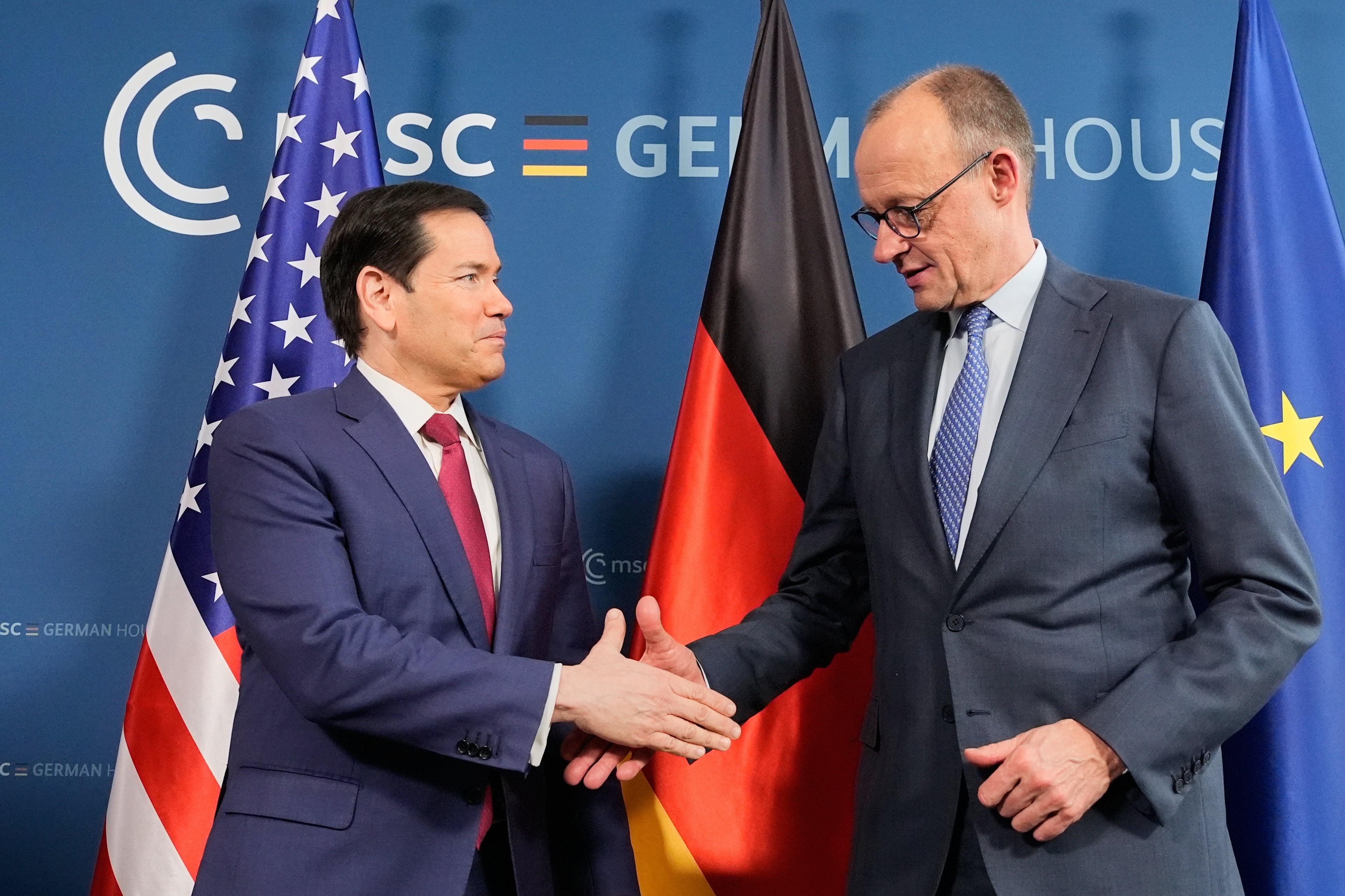Marco Rubio, pictured with German chancellor Friedrich Merz, is also due to address the conference on Saturday