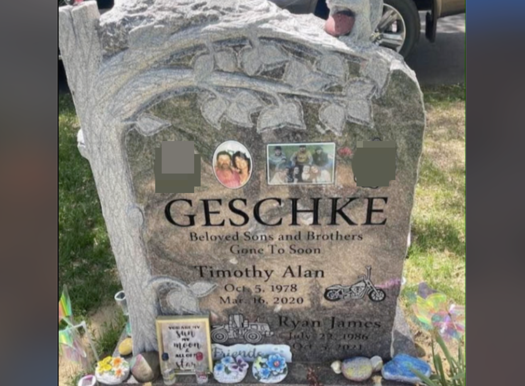 A tombstone marking the graves of Timothy and Ryan Geschke in Colorado Springs, Colorado. Evergreen Cemetery management has requested that the tombstone — which was erected five years ago — be removed because it contains images of raised middle fingers. The Geschke family says they plan to fight the removal order