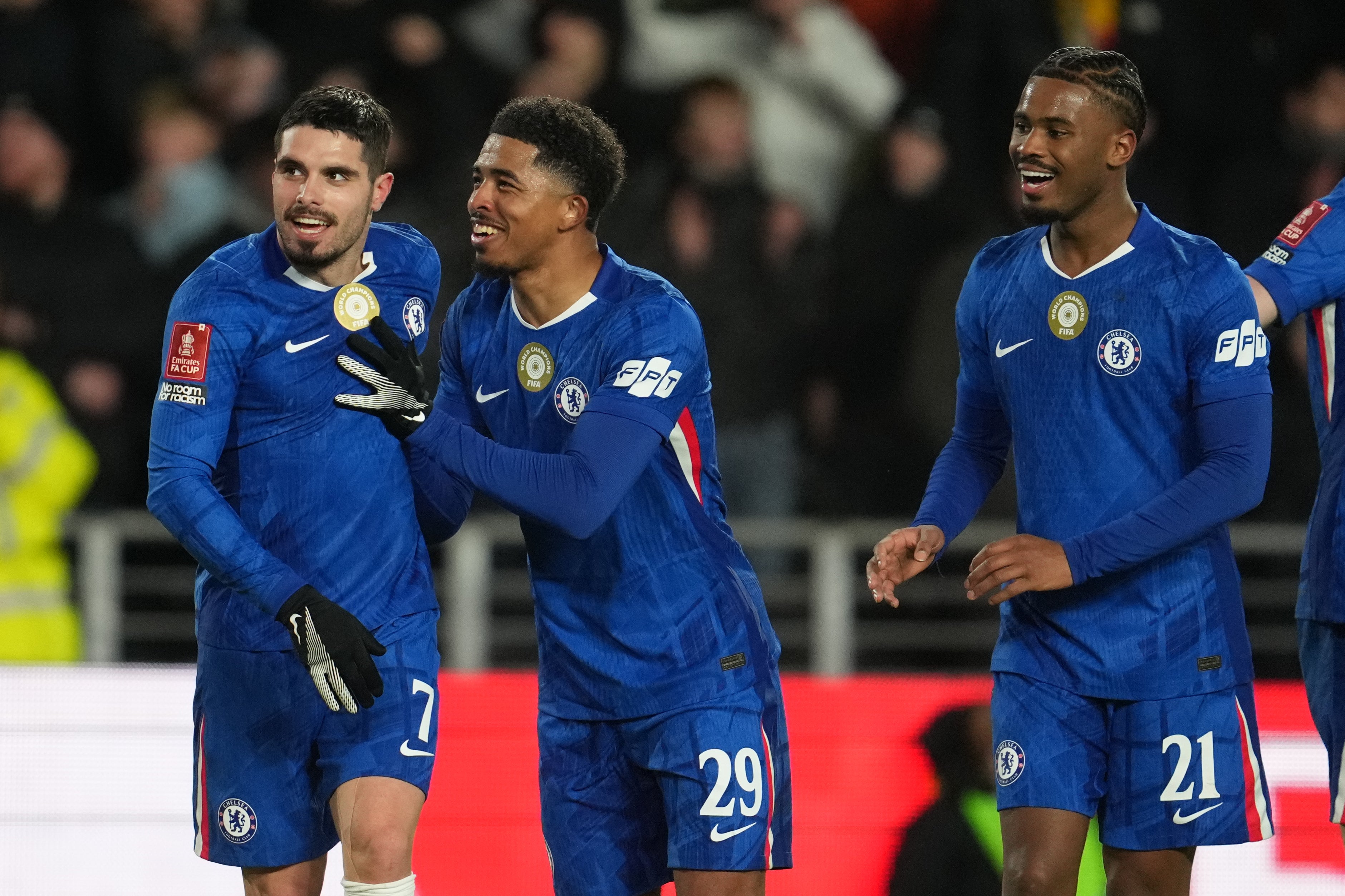 <p>Chelsea's Pedro Neto, left, Wesley Fofana celebrate at Hull</p>