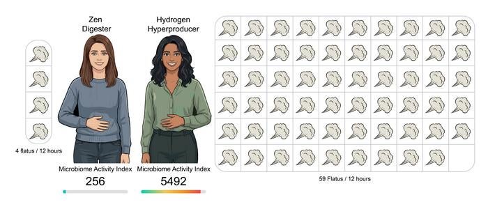 Halls Team rekrutiert Teilnehmer aus mehreren Kategorien, die aus ihren frühen Studien hervorgegangen sind, darunter Zen-Digester (diejenigen, die sich ballaststoffreich ernähren, aber nur minimale Blähungen produzieren) und Wasserstoff-Hyperproduzenten (einfach ausgedrückt: diejenigen, die viel furzen).