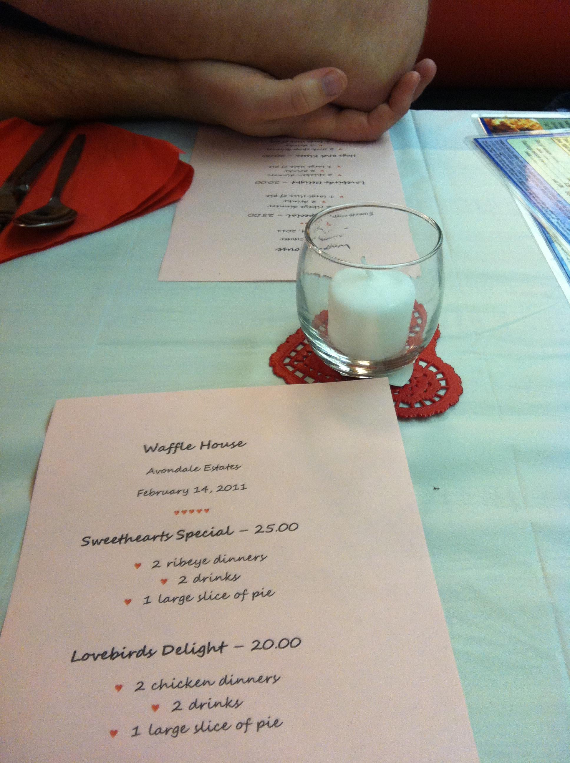 The Waffle House Valentine's Day menu, as photographed by one of the Pruitts roughly a decade ago during one of their dates at the restaurant