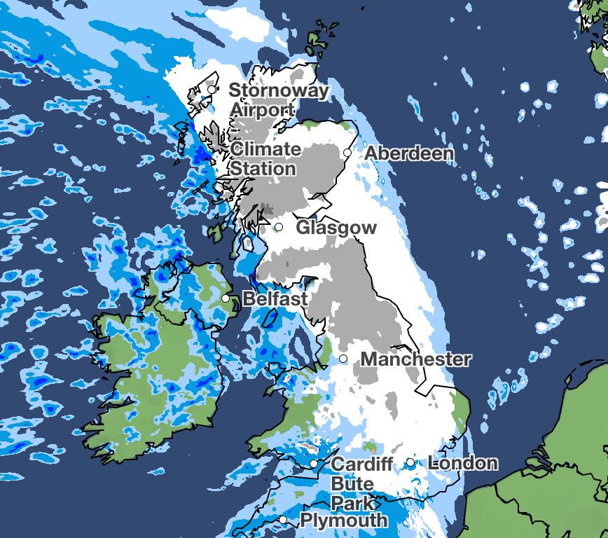 A neve mais forte cai nas colinas da Escócia e do norte da Inglaterra às 3h da manhã de domingo