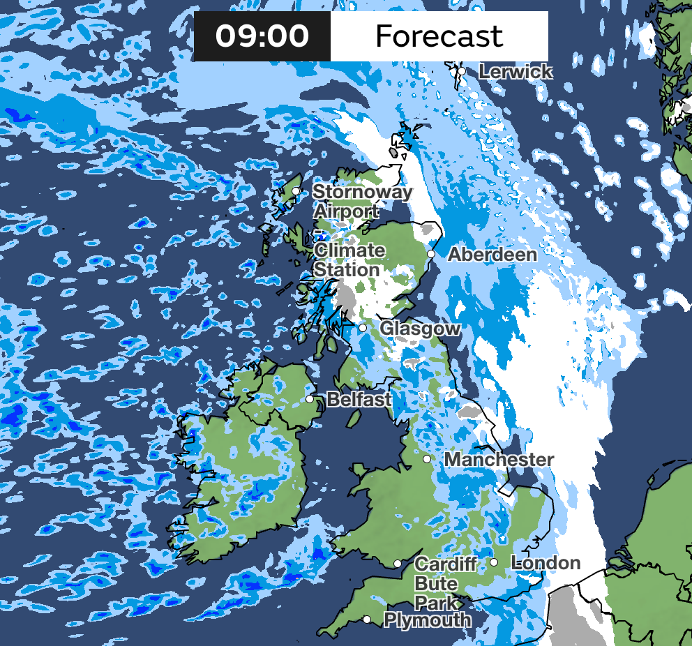 Às 9h, a maior parte da neve já passou pelo Reino Unido.