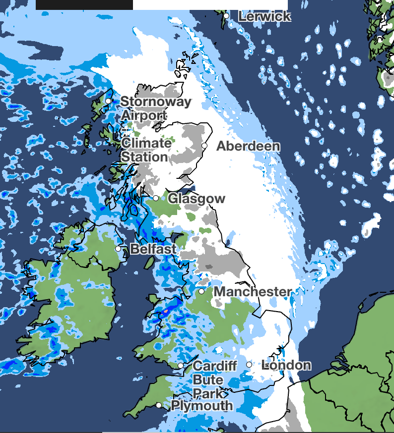 A neve começa a diminuir na manhã de domingo, o mapa mostra a previsão às 6h.