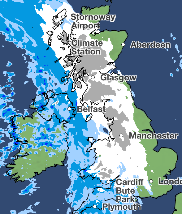 Mapa meteorológico mostra caminho de neve à meia-noite de domingo