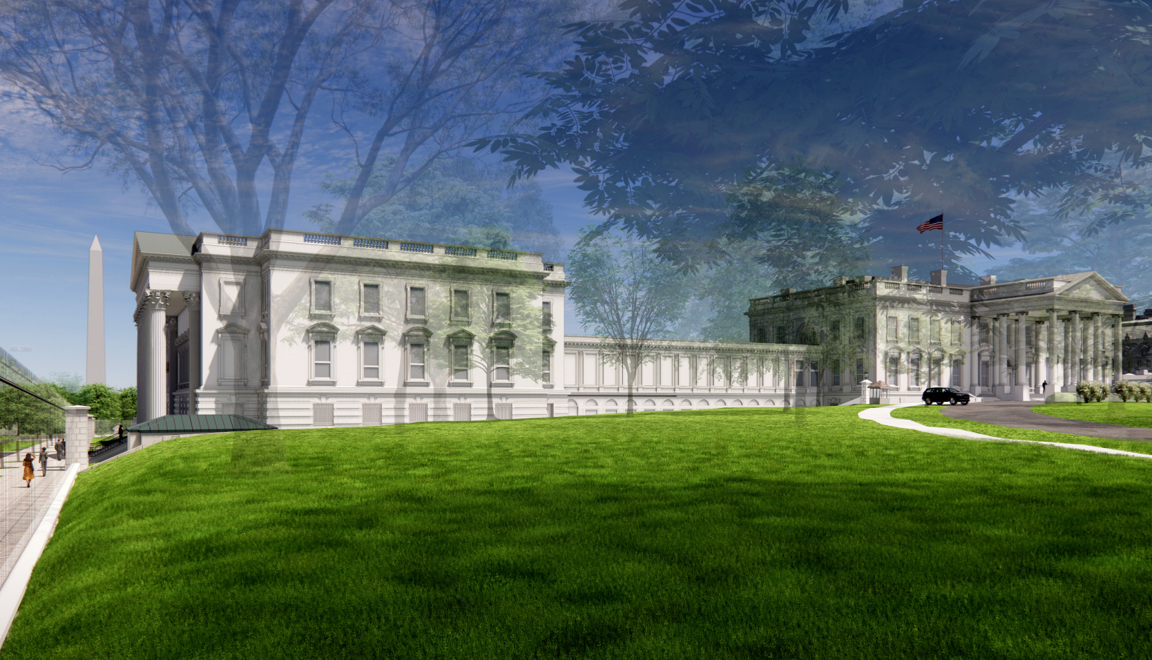 As renderizações revelaram que um grande frontão triangular acima do pórtico sul do salão de baile, incluído nos planos anteriores, será agora removido.