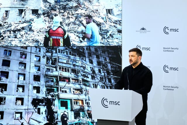 <p>Ukrainian president Volodymyr Zelensky addressing the Munich Security Conference about the war in his country</p>