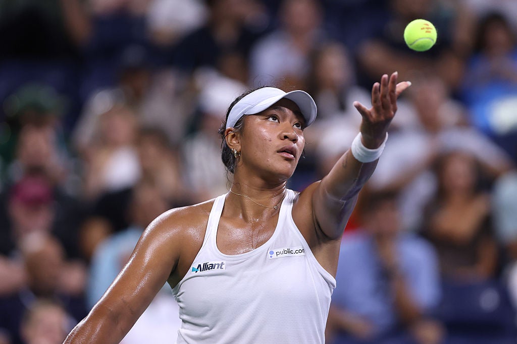 Destanee Aiava of Australia serves against Jasmine Paolini of Italy during their Women's Singles First Round match on Day One of the 2025 US Open