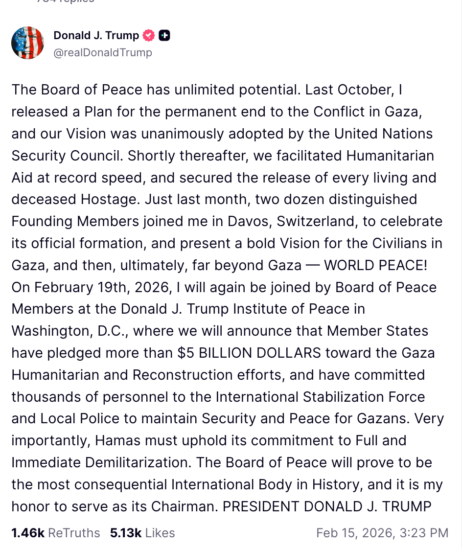 Trump anunciou uma reunião dos membros do Conselho de Paz na próxima semana