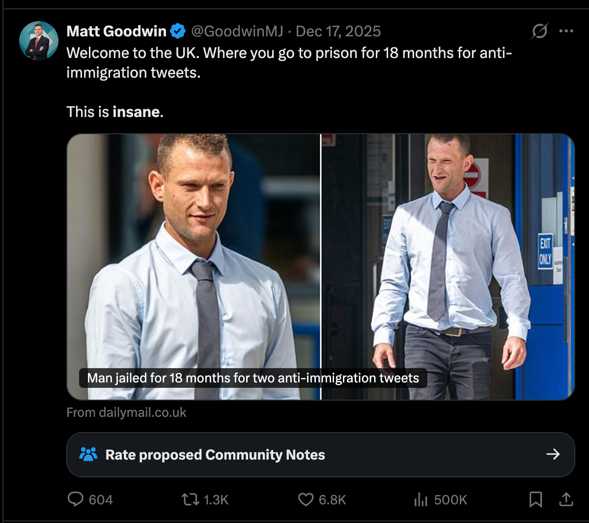 The Reform candidate called it 'insane' that Yarwood was imprisoned for his tweets