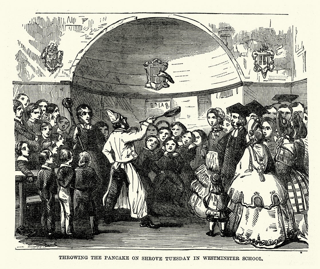 Chef throwing the pancake on shrove Tuesday, Pancake day, At Westminster School, vintage illustration, Victorian 19th Century.