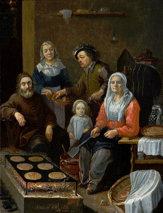 A 17th-century painting of a family making pancakes, by Adriaen Rombouts