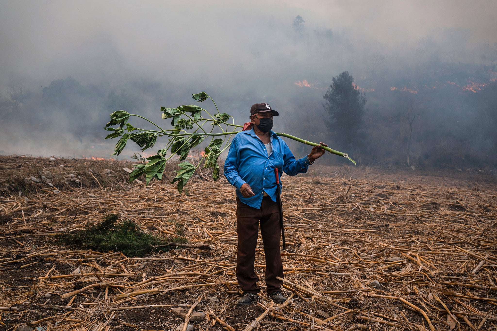 A villager works to contain wildfires in Nogales, in the High Mountains area of nearby Veracruz state, Mexico, Monday, March 25, 2024